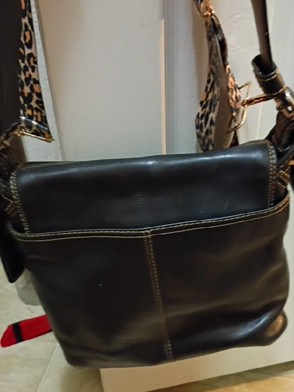 Coach Leather Crossbody Bag with Leopard Strap - Black
